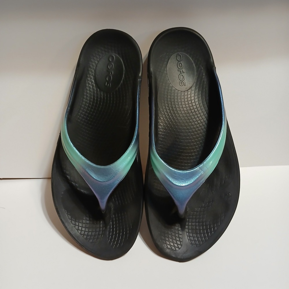 OOFOS Women 8 OOlala Luxe Recovery Flip Flop Thong Sandal Atlantis Blue - Picture 3 of 8
